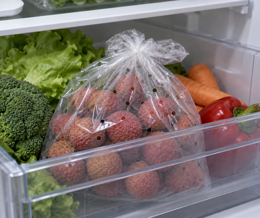 Whole lychees in a perforated bag in a refrigerator drawer