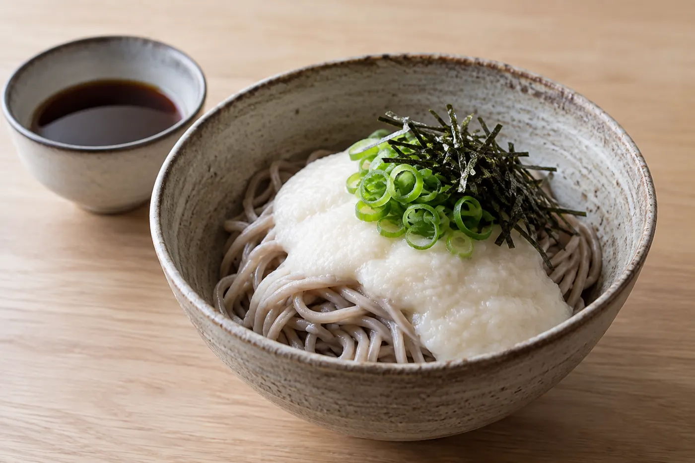 Cold soba topped with grated Japanese yam and scallions